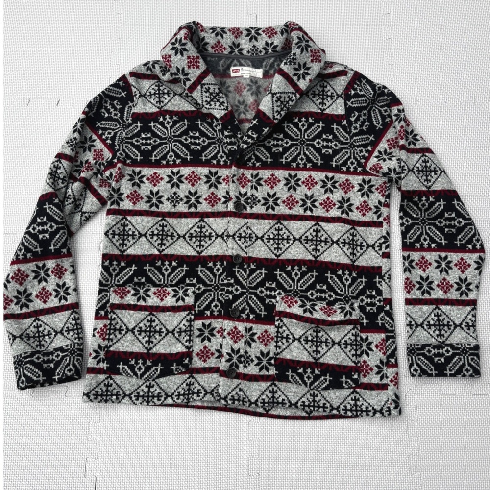 Levis 2XL Mens Shawl Collar Fleece Cardigan Snowflake‎ Patterned Sweater Jacket